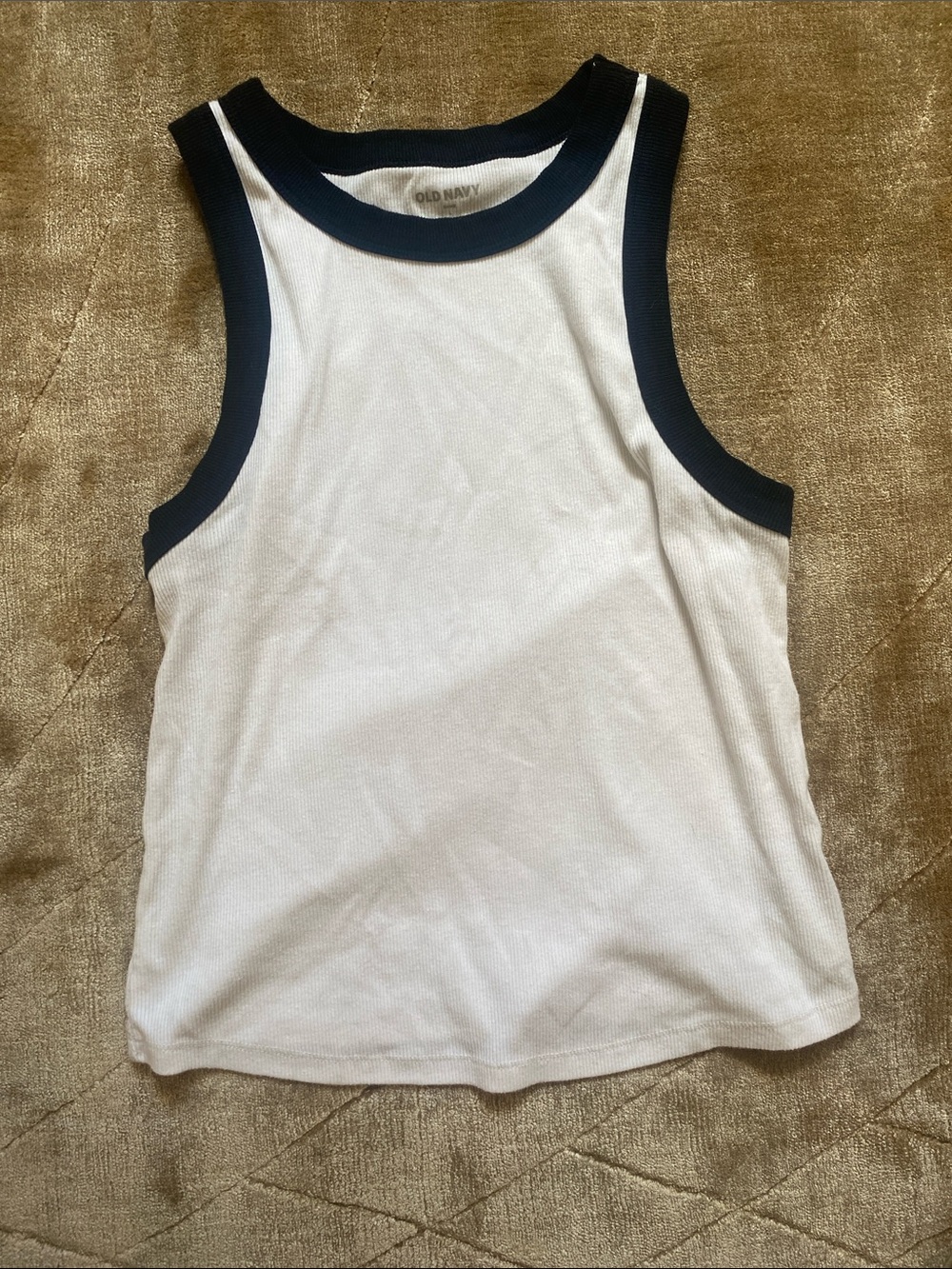 White cotton ribbed tank with black trim